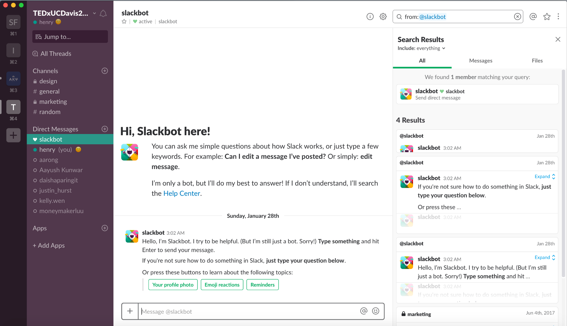 Searching from:slackbot on the right-hand field