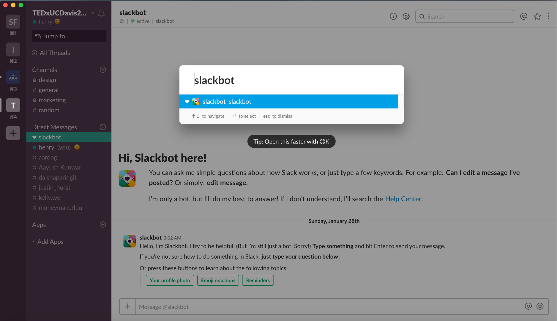 Entering slackbot on the left-hand field