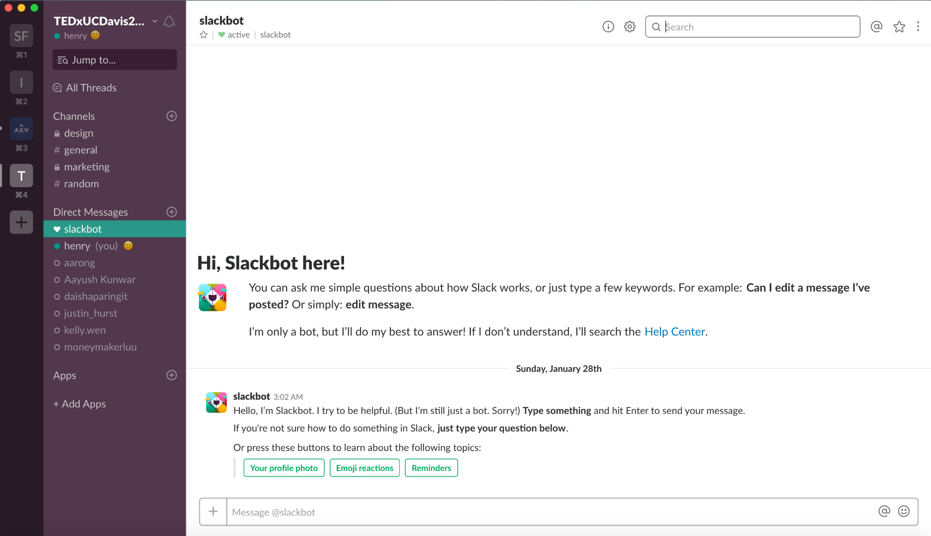 Searching slackbot on the right-hand field